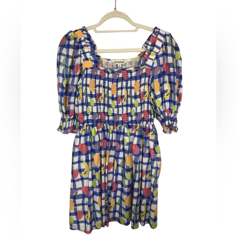 DAVI & DANI Blue and Purple Puff Sleeve Mini Sundress Smocked Bodice